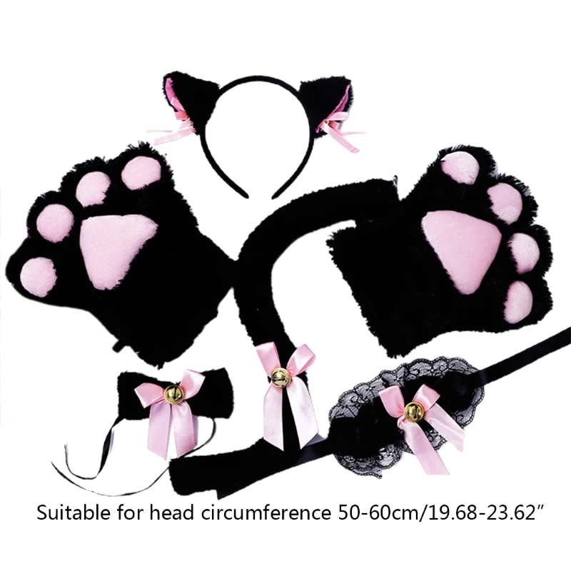 

649D Kitty Costume Accessories Set Furry Cat Ears Headwear Tail Collar Lolita Bowknot Bells Lovely Maid Cosplay Headpiece