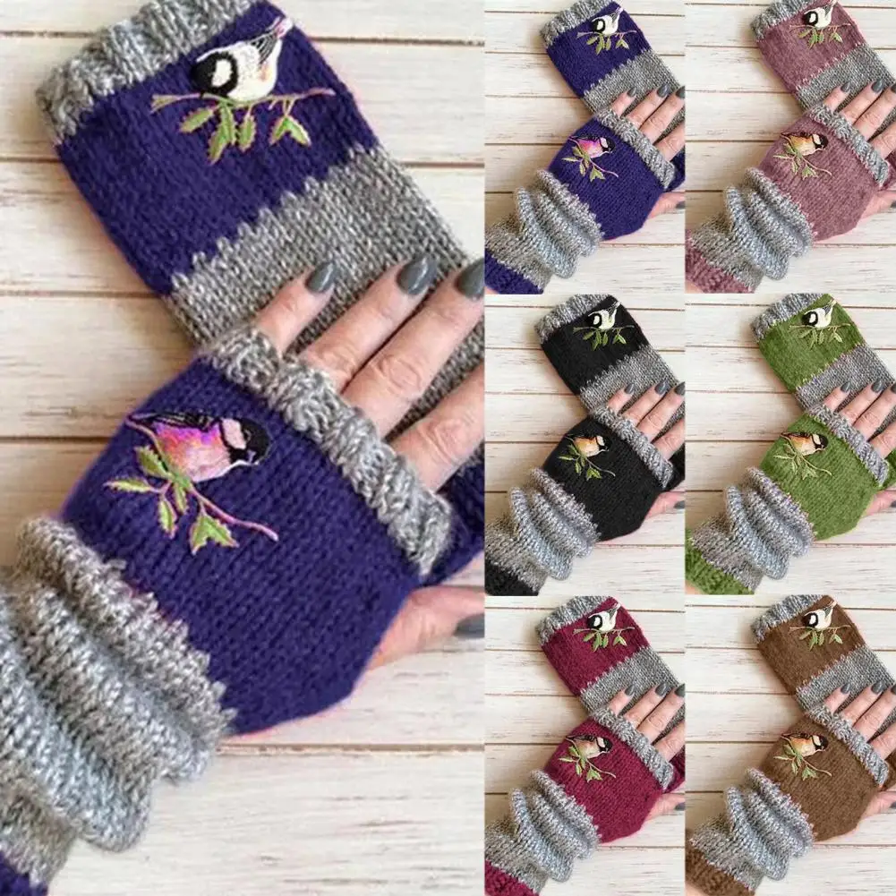 

Women Autumn Winter Bird Embroidered Gloves Knit Fingerless Color Block Mitten