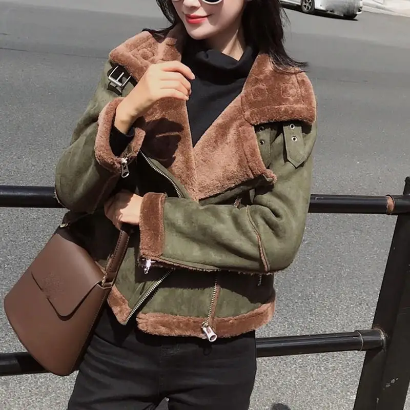 Женские мотоциклетные замшевые куртки с искусственным мехом теплые толстые