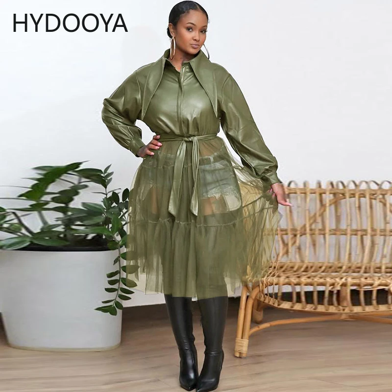 New Women Faux Leather Mesh Patchwork Long Sleeve PU Coat Jacket Turn Down Collar Belt Chic Dresses Streetwear Long Sleeve Dress