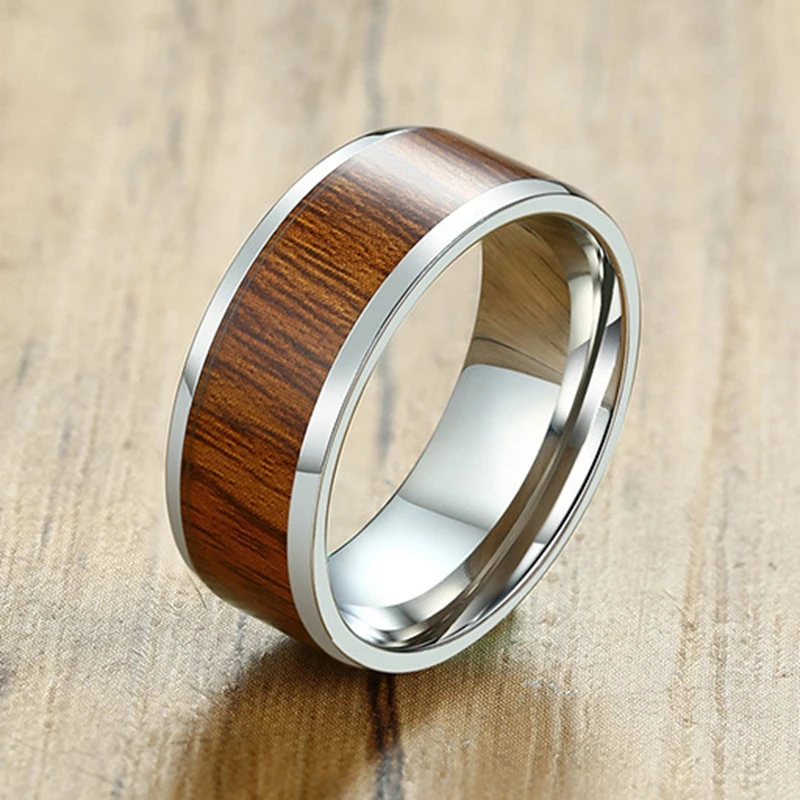 Новое поступление 8 мм 316L нержавеющая сталь дерево зерна кольца для мужчин ретро