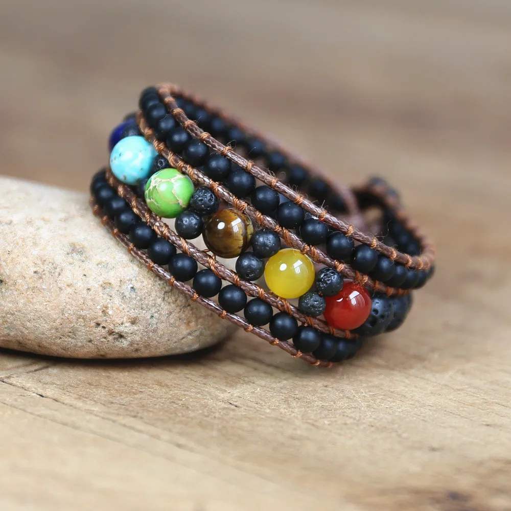 7 Чакра оникс лавовый камень обмотка браслеты Женский Браслет манжета чакра