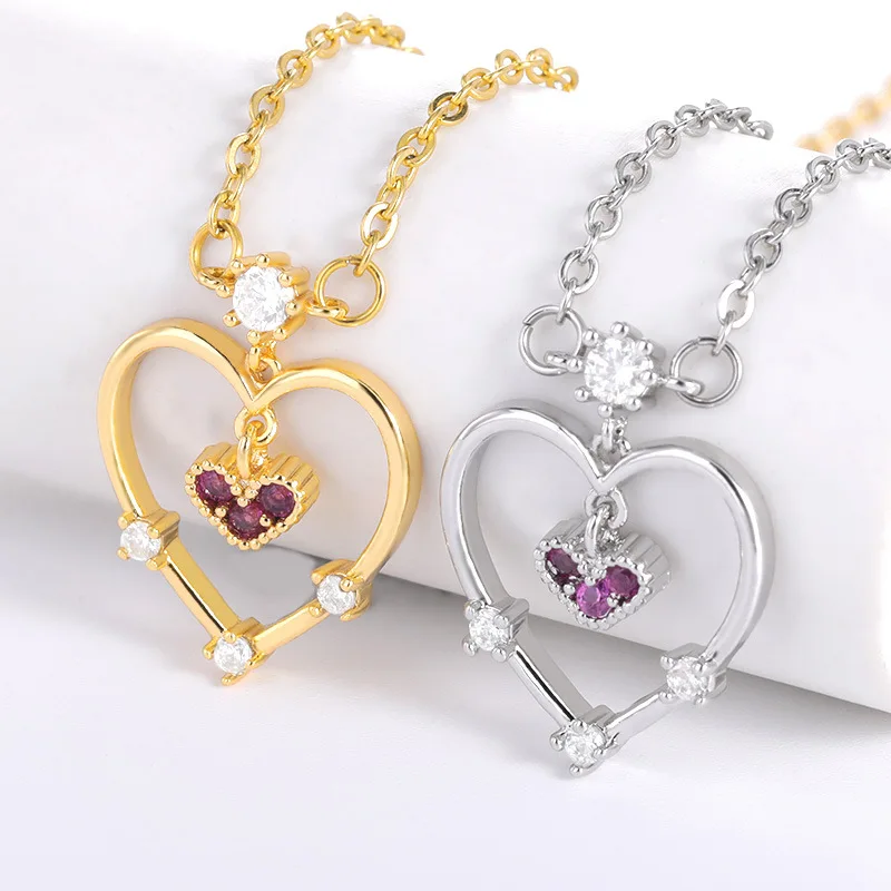 

Stainless Steel Gold Plate Double Love Heart Pendant Women Necklace Fashion Jewelry Valentine's Day Gift