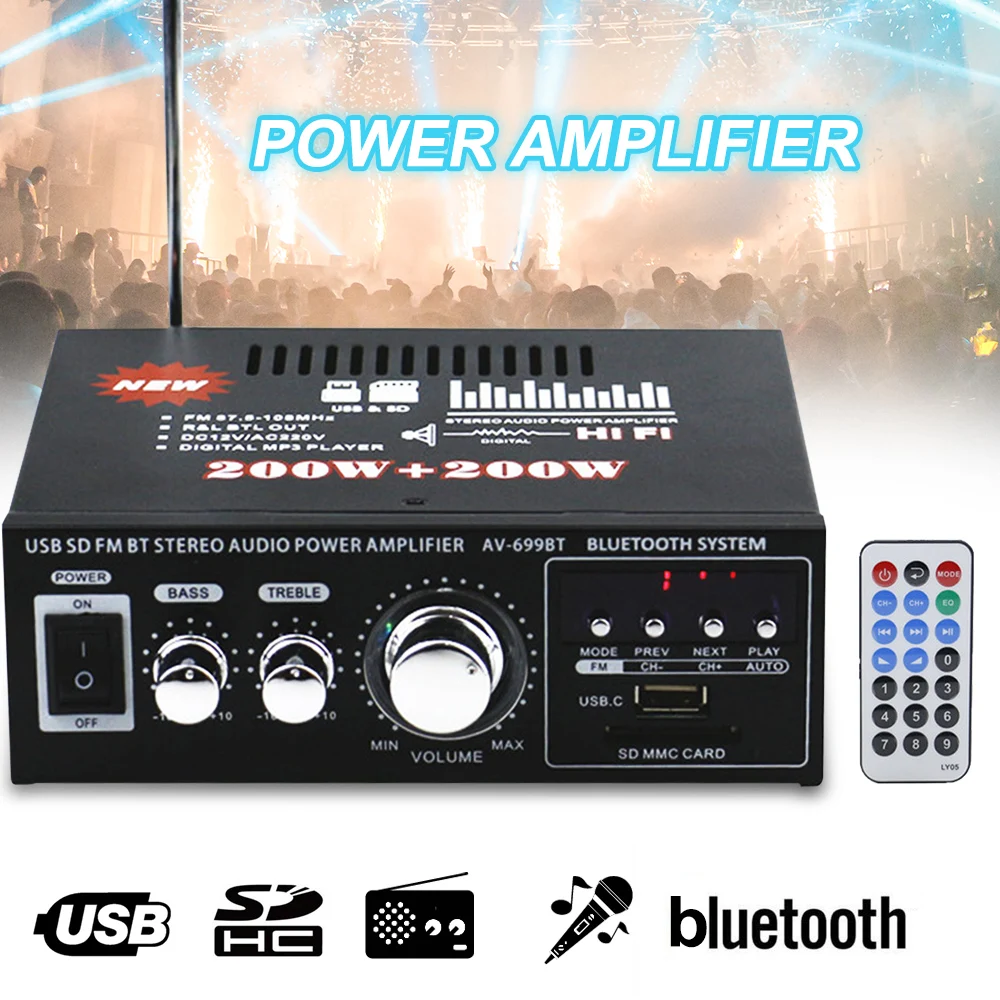 12 В/220 В 400 Вт 2 канала Bluetooth Hi Fi стерео усилитель USB SD радио аудио мощности для
