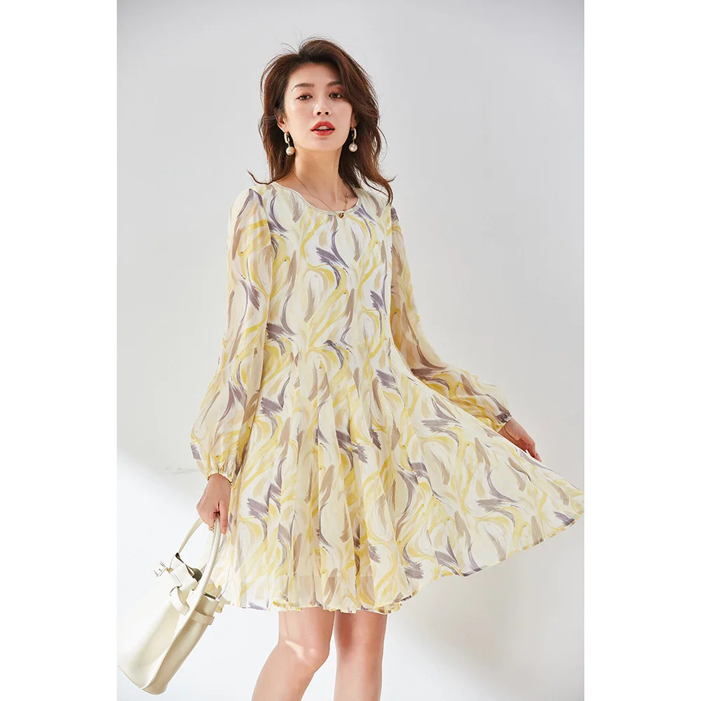 

21 summer new yellow close waist print shows thin fashion mid waist short skirt Lantern Sleeve Chiffon dress women's 11081