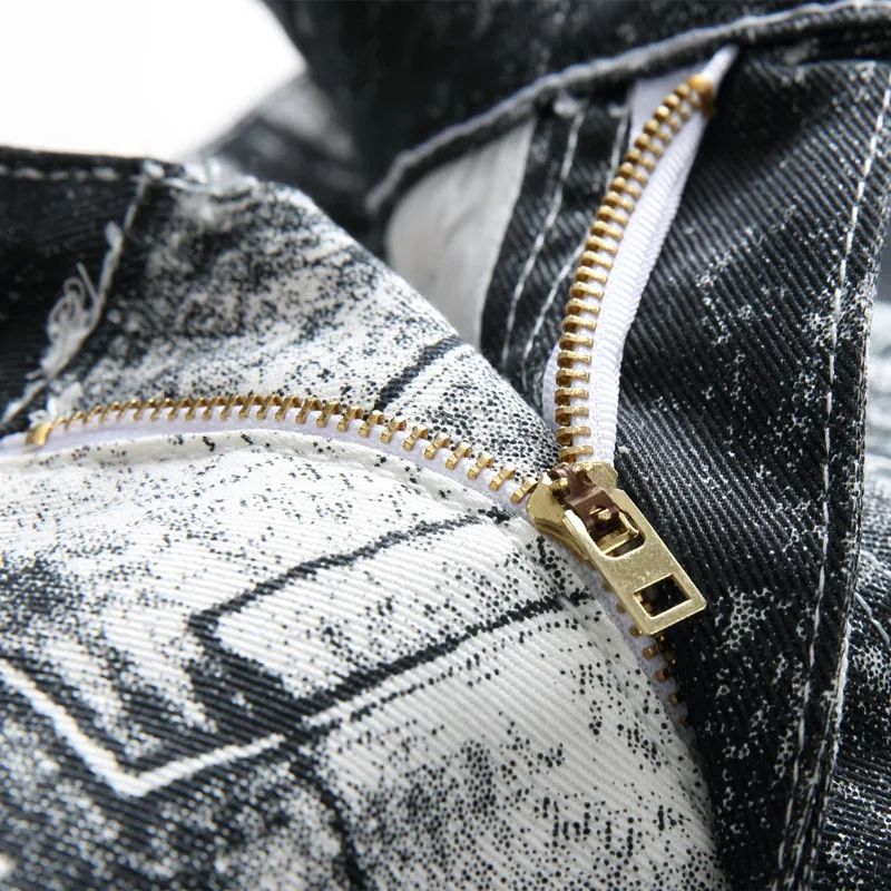 Men's Four-Season Jeans Youth Straight Black Denim Trousers High Quality Soft Slim Fit Printing Denim Designer Casual Biker Pant