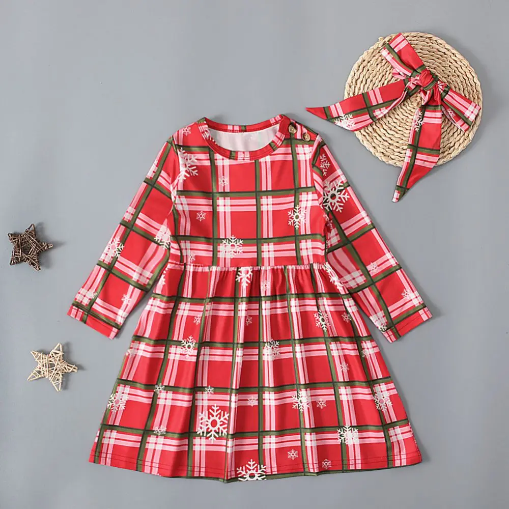 

Kids Baby Girls Christmas Dress Red Plaid Dresses Snow Pattern Dress+Headband Long Sleeve Holiday Princess Party Tutu Dress 1-6T