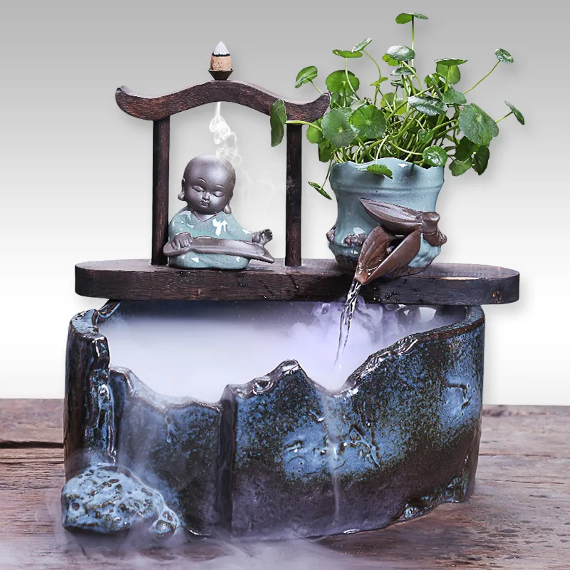 Water Fountain Ornaments Ceramic Atomizing Humidifier Waterfalls Illuminated Zen Monk Waterfall Home Office Decor | Дом и сад