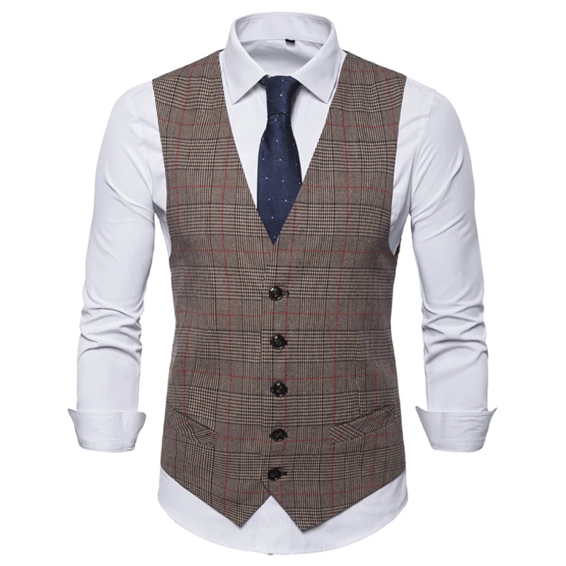 Мужской жилет в клетку/в полоску светло-серый однобортный с V-образным вырезом