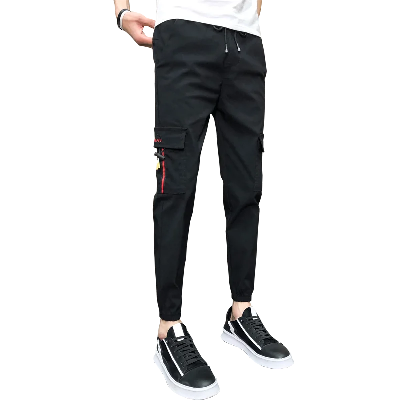 

Korean Summer Side Pockets Embroidery Cargo Pants Men Clothing 2021 Slim Fit Casual Hip Hop Joggers Trousers Streetwear Black 36