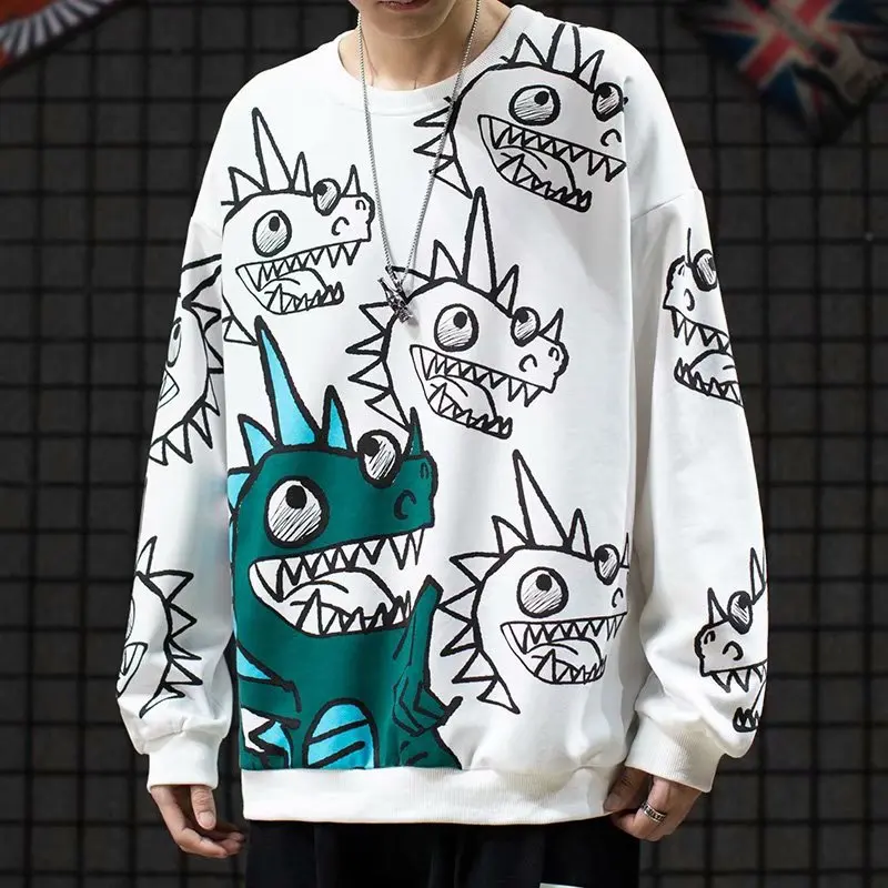 

Футболка мужская с круглым вырезом, топ с мультяшным принтом динозавра в стиле Харадзюку, рубашка с длинным рукавом в стиле хип-хоп