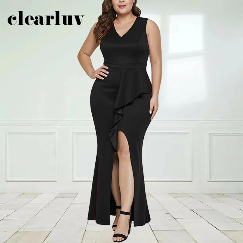 

Женское вечернее платье с юбкой-годе, черное, бордовое, с V-образным вырезом, в пол, с молнией на спине, деловое, для вечерние, T023, размера плюс