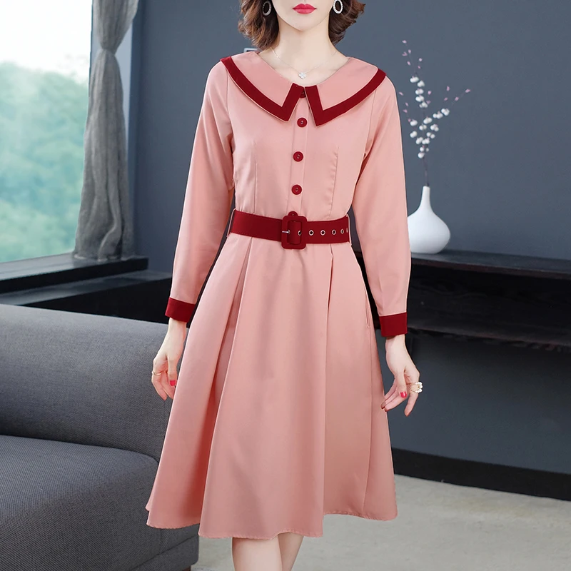 Модное Элегантное женское платье с отложным воротником и длинным рукавом тонкое