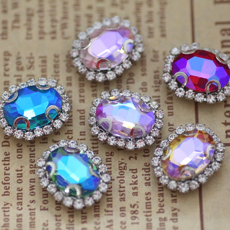 

10pcs 10x14mm mix color oval sew on rhinestone with silver flatback rhinestone applique DIY hats shoes dance dress decoration