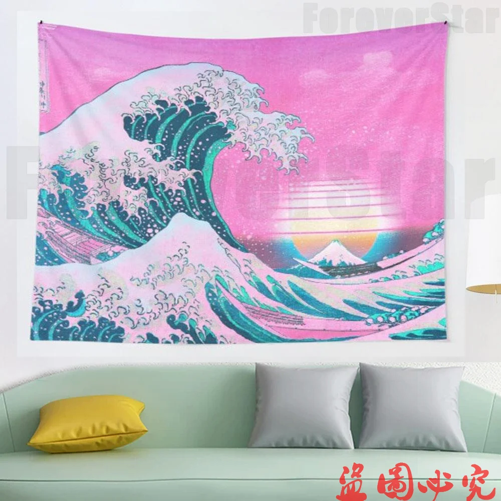 

Vaporwave Aesthetic Great Wave Off Kanagawa Retro Sunset tapestry Art Wall Hanging Tapestries for Living Room Home Dorm Decor