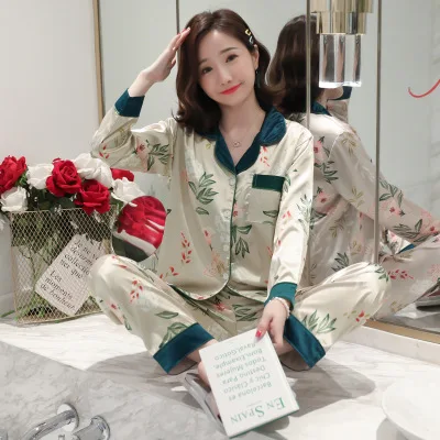 pyjamas women Большой размер 5XL женский атласный Шелковый пижамный комплект с длинным рукавом Цветочный комплект из двух предметов сексуальная пижама Пижамный костюм Женская одежда для сна - Цвет: pyjamas women