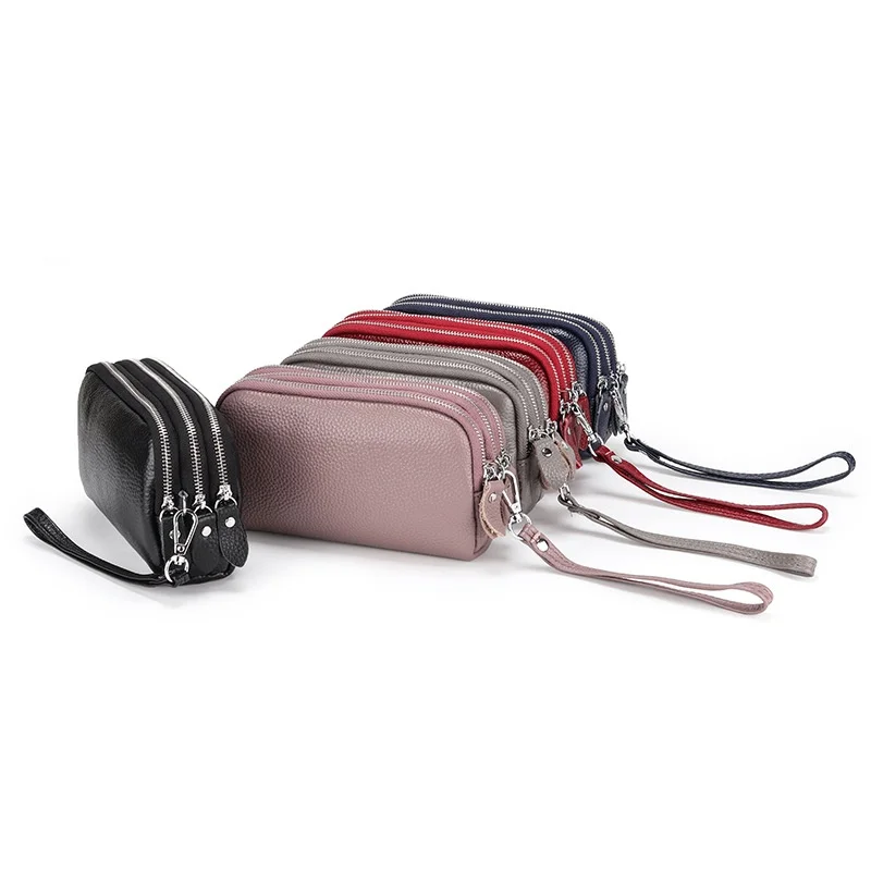

First Layer Cowhide Women's Handbag 2021 New Three-layer Zipper Wrist Bag Leather Mobile Phone Bag Long Wallet