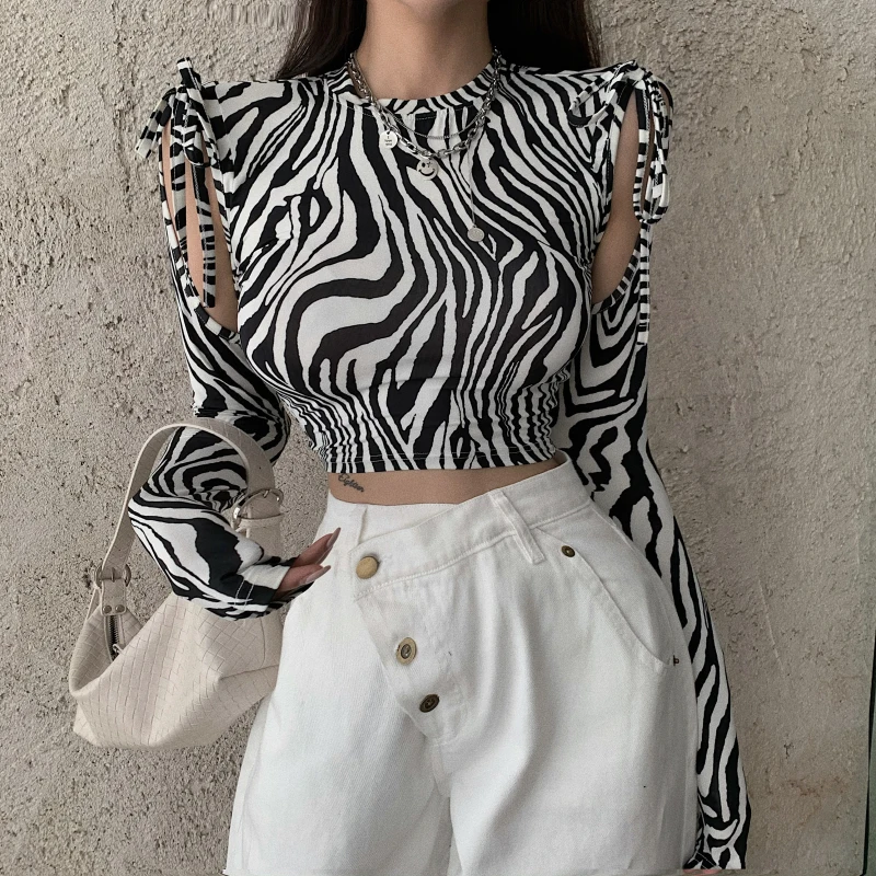 Новинка 2021 тонкая и короткая индивидуальная Футболка с принтом зебры открытыми