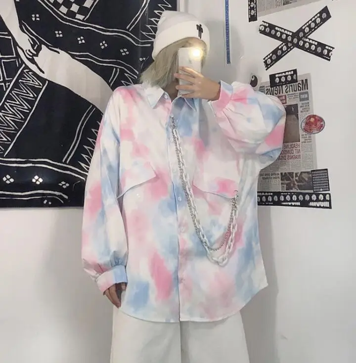 

Autumn new Harajuku style personality tie-dye loose casual cardigan shirt women