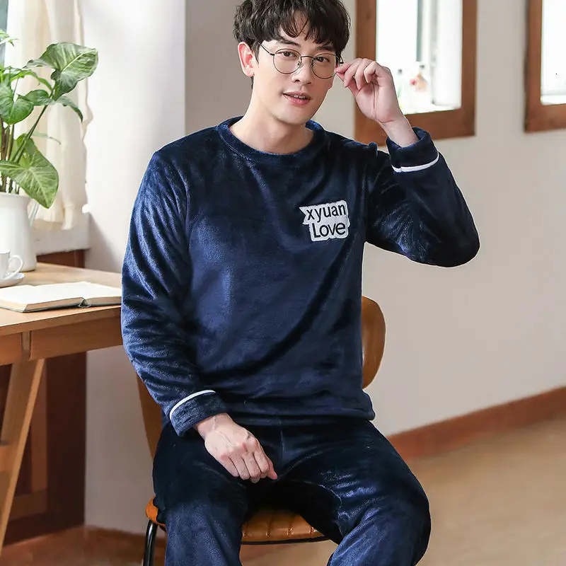 man pajama set Теплая Пижама Мужская Фланелевая Зимняя Толстая Пижама Мужская Толстая пижама с длинным рукавом Повседневная Осенняя Пижама для мужчин коралловый флис для сна XXXL - Цвет: man pajama set