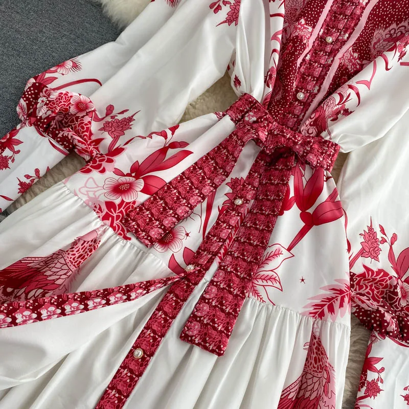 

and winter 2020 new folk style retro printing standing collar Lantern Sleeve waist tie single breasted dress for women