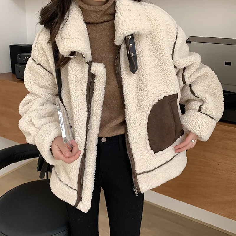 Женское лоскутное пальто из искусственной кожи и шерсти замши овечьей Корейская