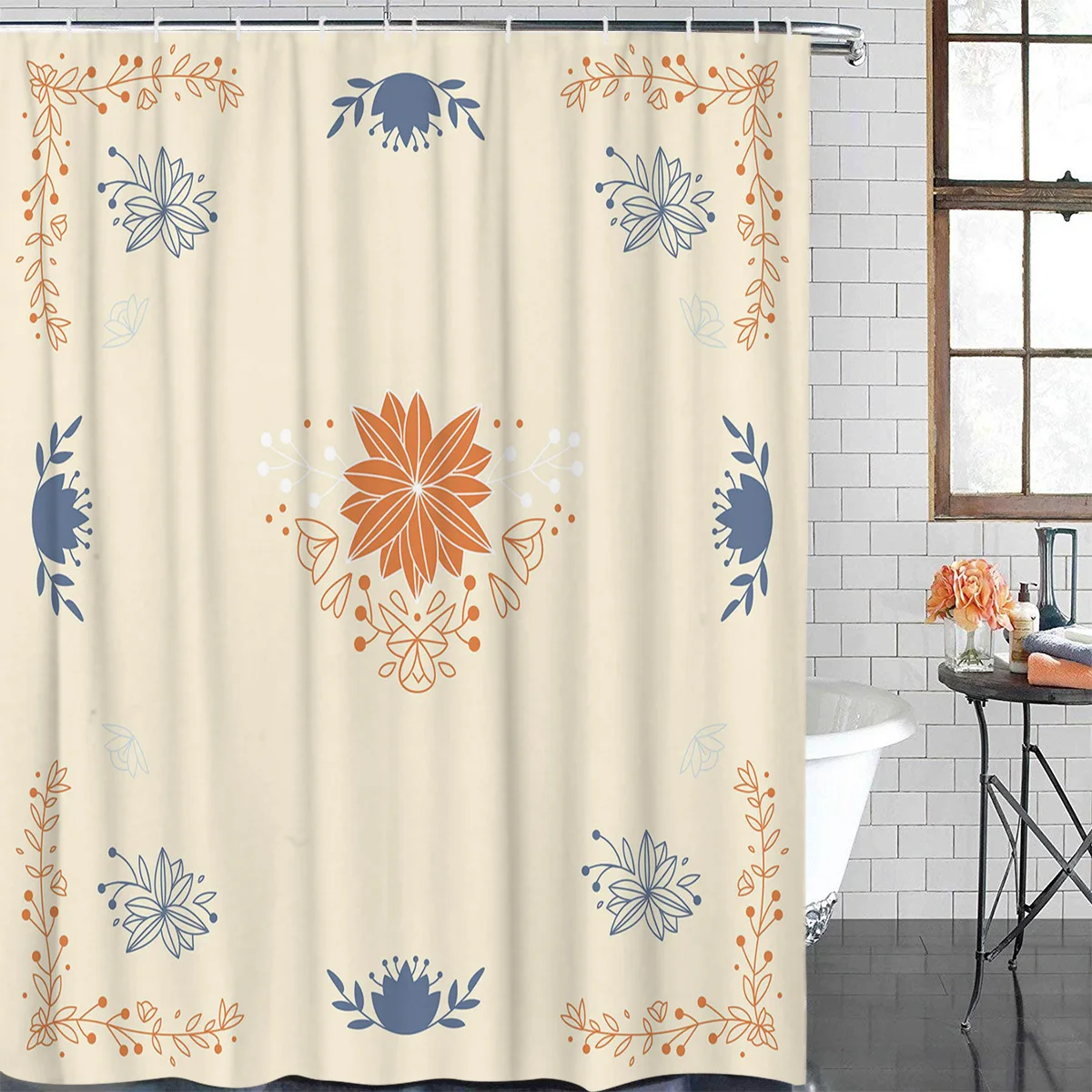 Hand Painted Leaves Petals Orange And Dark Blue Shower Curtain Bathroom Decorative Fabric Waterproof | Дом и сад