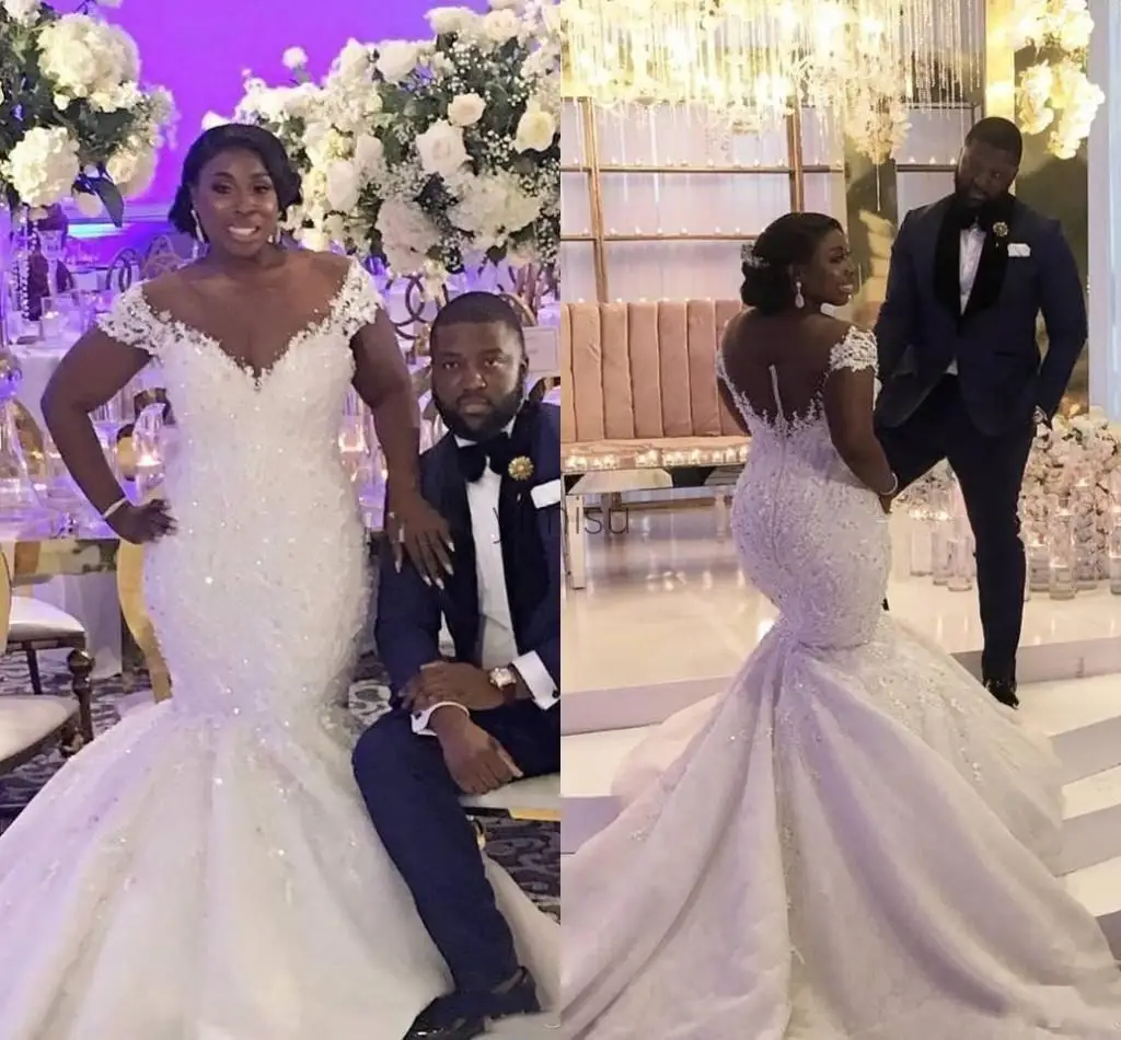 

African Mermaid Wedding Dresses Sheer Neck Illusion Bodice Appliques Beads Crystal Country Bridal Gowns vestidos de novia Plus