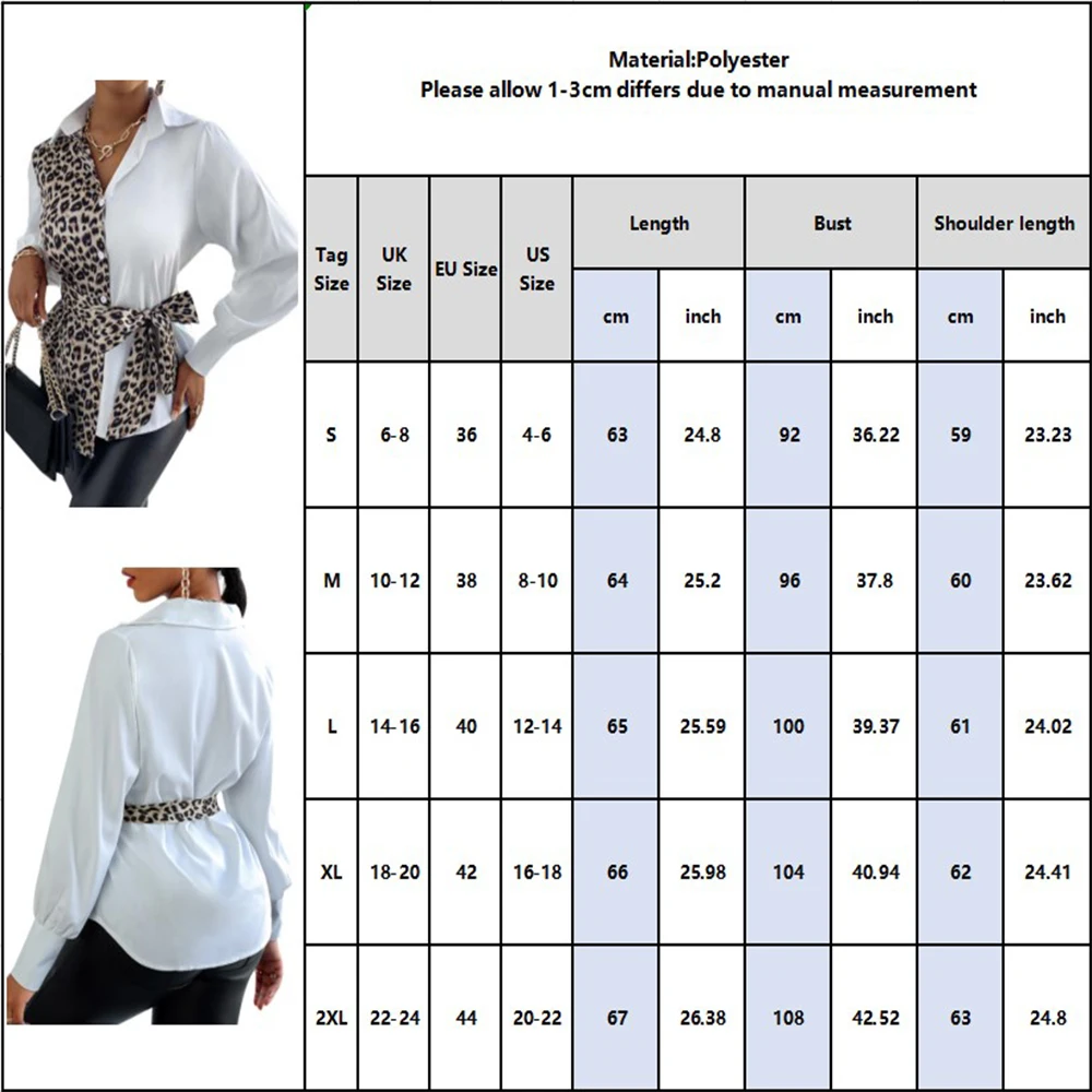 

Women Lapel Leopard Print Stitching Waist Shirt Office Work Wear Ol Female Button Patchwork Lady T Shirt Blouse Long Sleeve D30