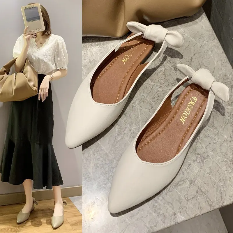 Босоножки женские на плоской подошве с бантом и острым носком|Боссоножки