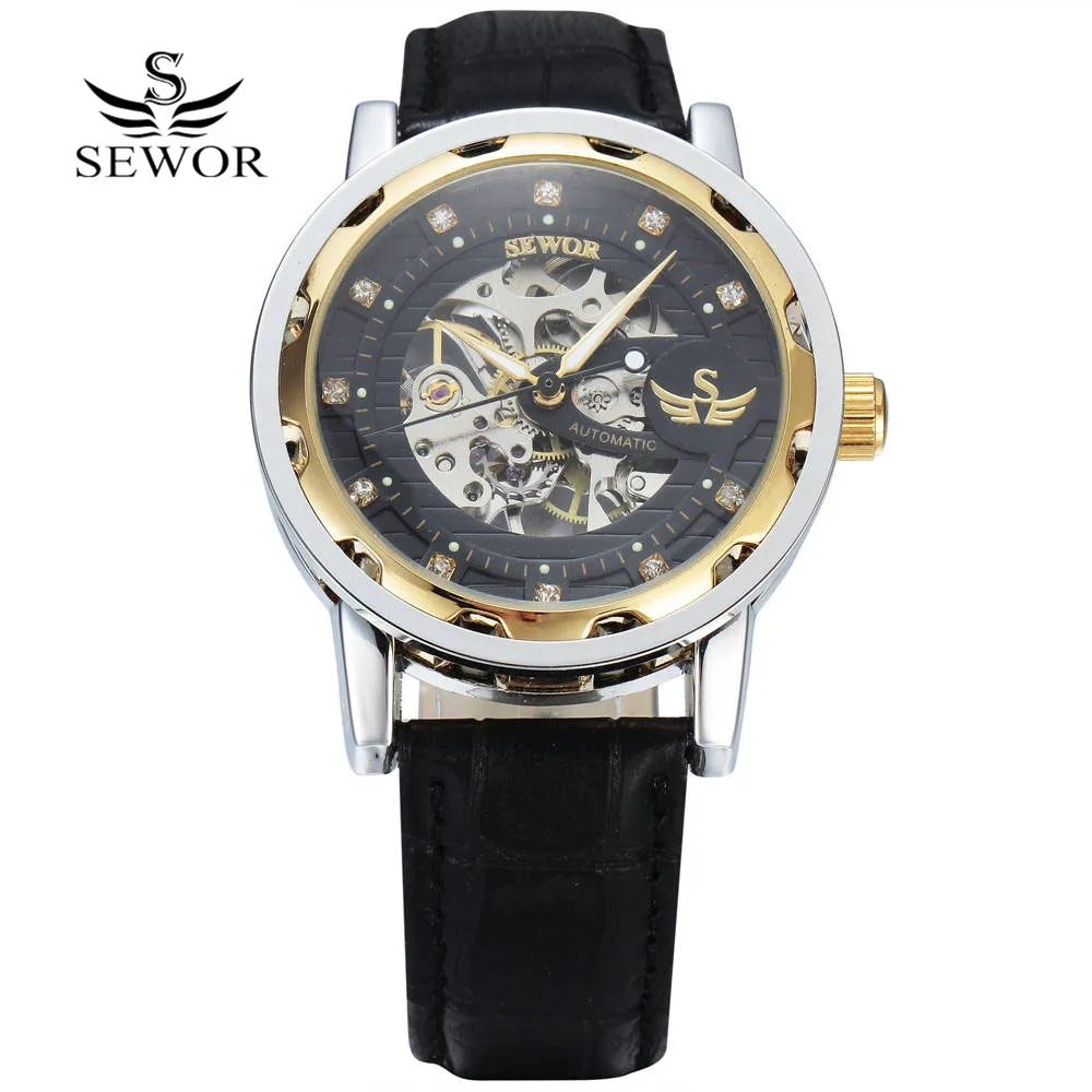 Top Brand Luxury Men Watches SEWOR New Classic Man Watch Leather Strap Mechanical Hand Wind Skeleton Wrist zegarek meski | Наручные часы