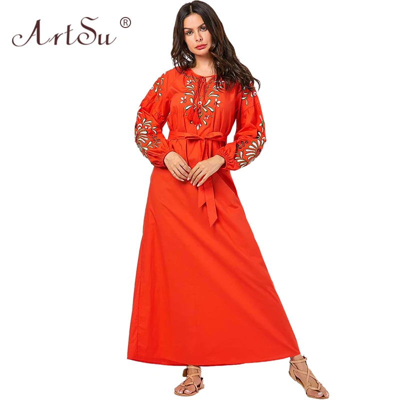 

ArtSu, женское осеннее Элегантное Длинное платье с рукавом-фонариком 2019, повседневное Свободное платье с завязками на шее и кисточками, Цветоч...