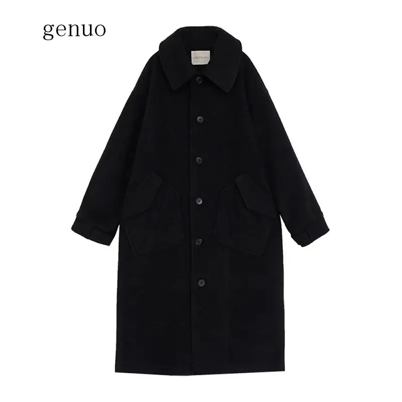 

Women Coat Winter Long Sleeve Warm Black Woolen Blends Female Elegant Breasted Woolen Long Coat Oversize Plus Size