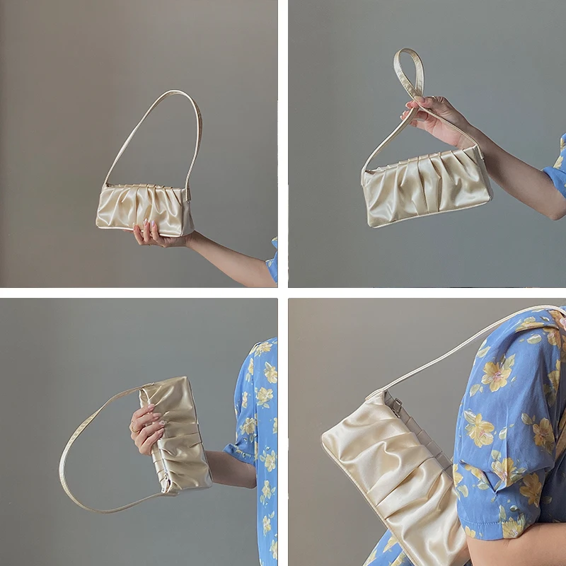 

Luxury Folds Mini Solid Color Women Baguette Bags Silk Design Ladies Small Shoulder Bag Vintage Female Tote Clutch Purse Handbag