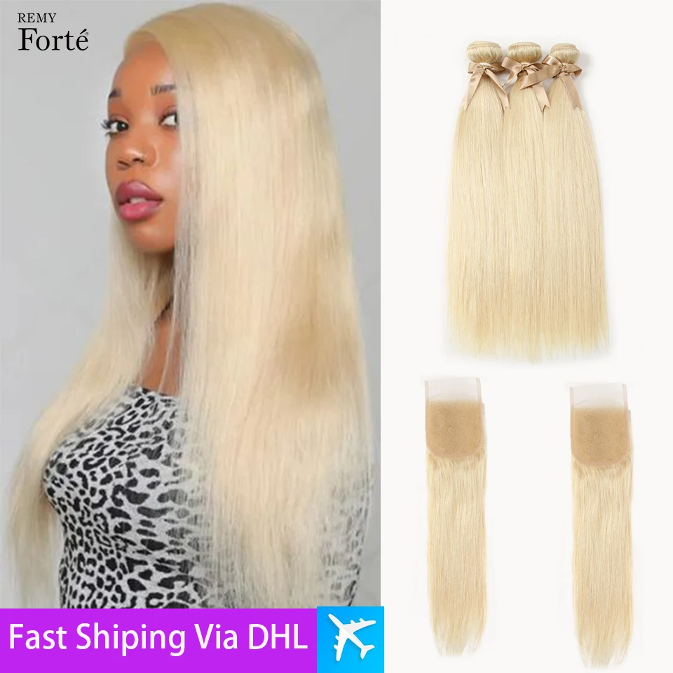 Brazilian Silky Straight 613 Blonde 3 Bundles with Frontal  100% Human Hair Bundles Honey Blonde Straight Weave Hair Extensions