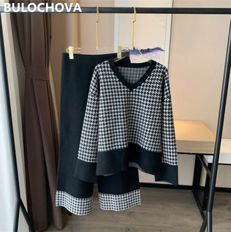 

Женский комплект из 2 предметов, трикотажный свитер в клетку с V-образным вырезом и брюки с широкими штанинами, Осень-зима 2021