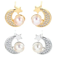 eyika korean style pearl zircon moon and star stud earrings for women girls gold silver color trend friendship fine jewelry gift