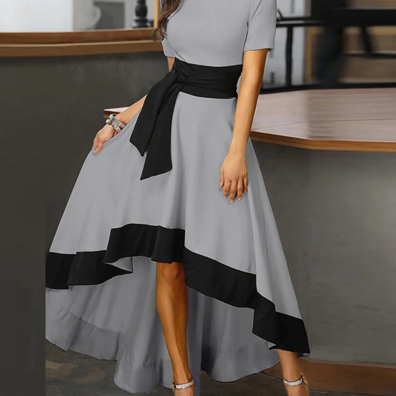 

Elegant Patchwork Short Sleeve A-line Dress Office Lady Ruffle Irregular Long Party Dress Women Fashion Slim Tie-Up Belt Dresses