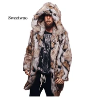 winter men faux fur coat fox fur jacket fashion mens warm leopard thick hooded coat jacket faux fur outwear overcoat