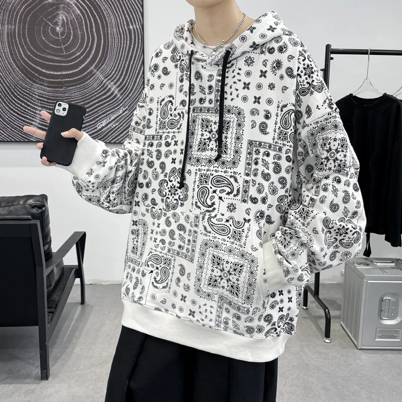 

2021 Autumn New Simple Black Floral Casual Cotton Hooded Sweater Plus Size Loose Thin All-match Stretch Couples Free Shipping