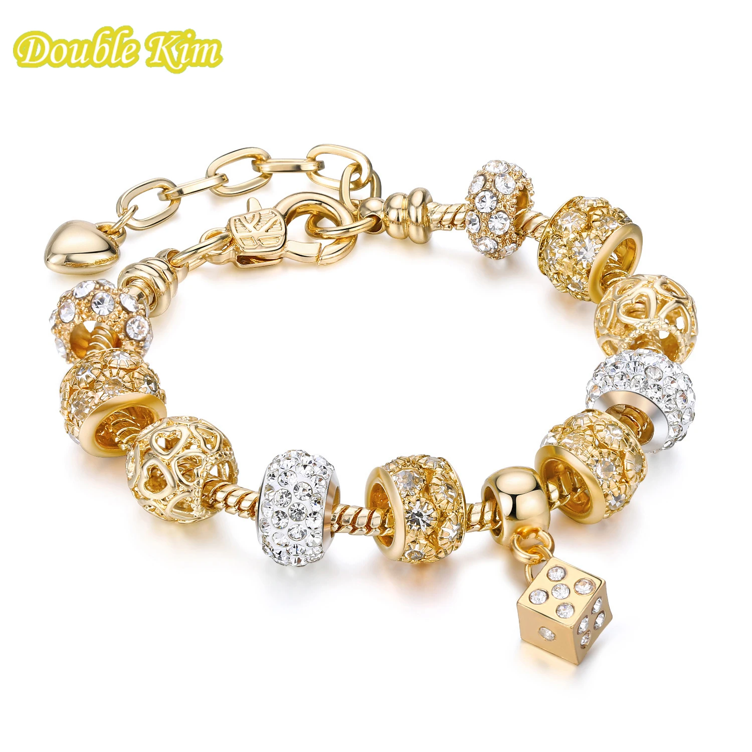 Браслеты с шармами кости из сплава синие Бусины золотой цвет застежка-лобстер