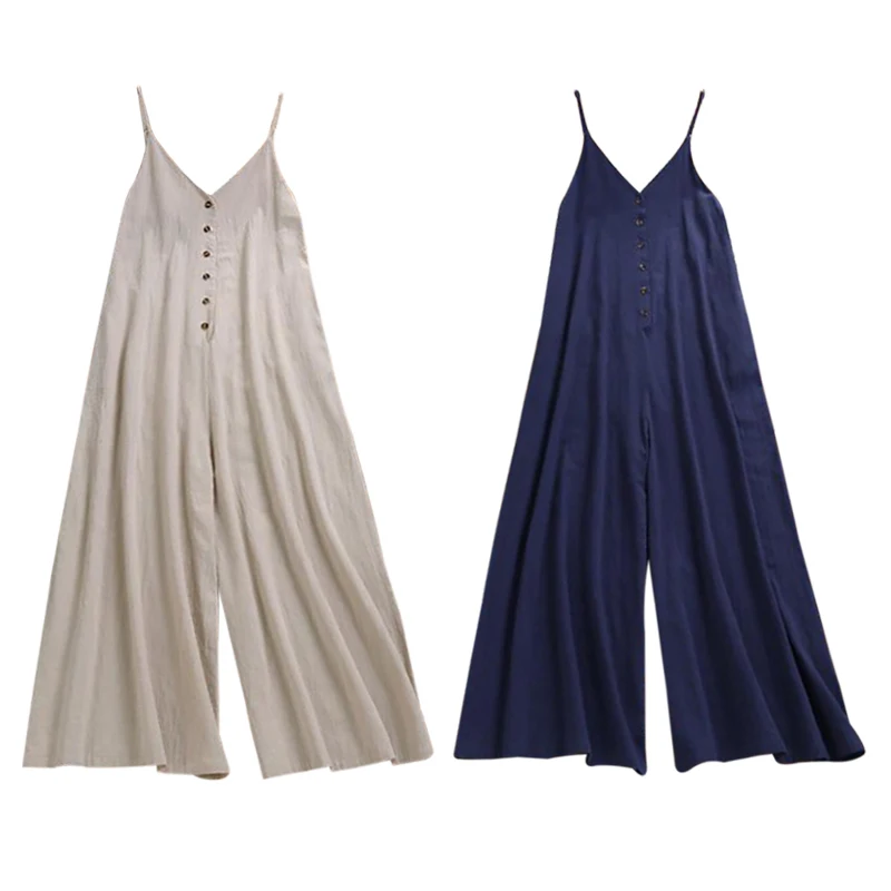 

Cotton And Linen Loose Buttons Solid Color Sleeveless Jumpsuit Women (multiple Keywords, Please Use Commas To Separate / /