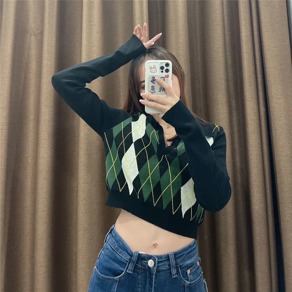 

JCÂ·KILIG 2021 Spring New Diamond Plaid Casual V-Neck T-Shirt L3143