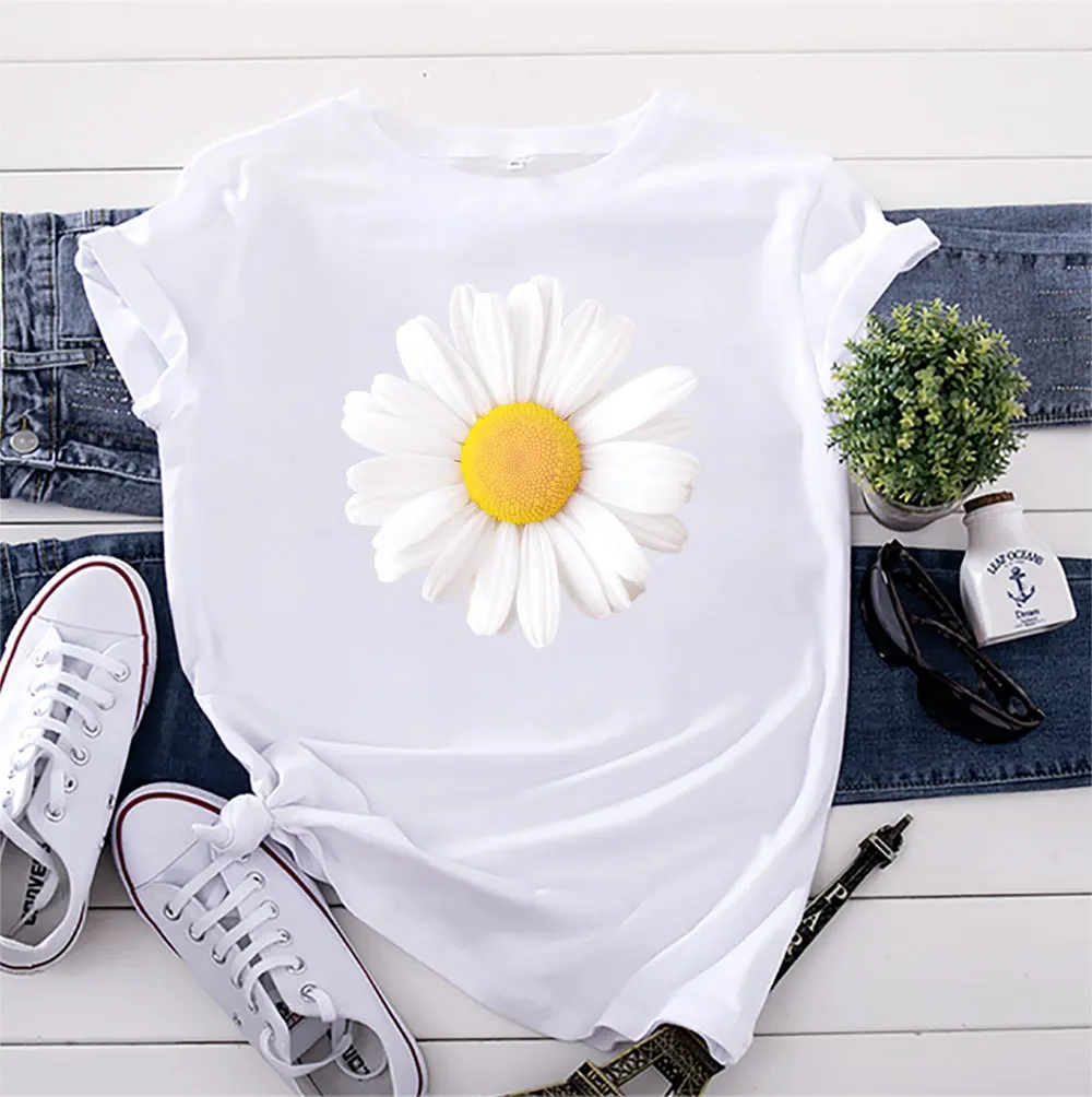 

Oversized T Shirt Vintage Daisy Flower Print T-Shirt 100%Cotton O Neck Short Sleeve Tees Women Summer Loose Tops Casual TShirt