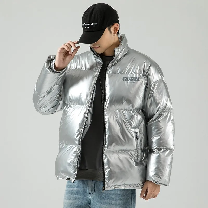 FOJAGANTO Silver Shiny Men Winter Coat Fashion Hooded Warm Thicken Blue Cotton Padded Jacket 2020 New Parka Male | Мужская одежда