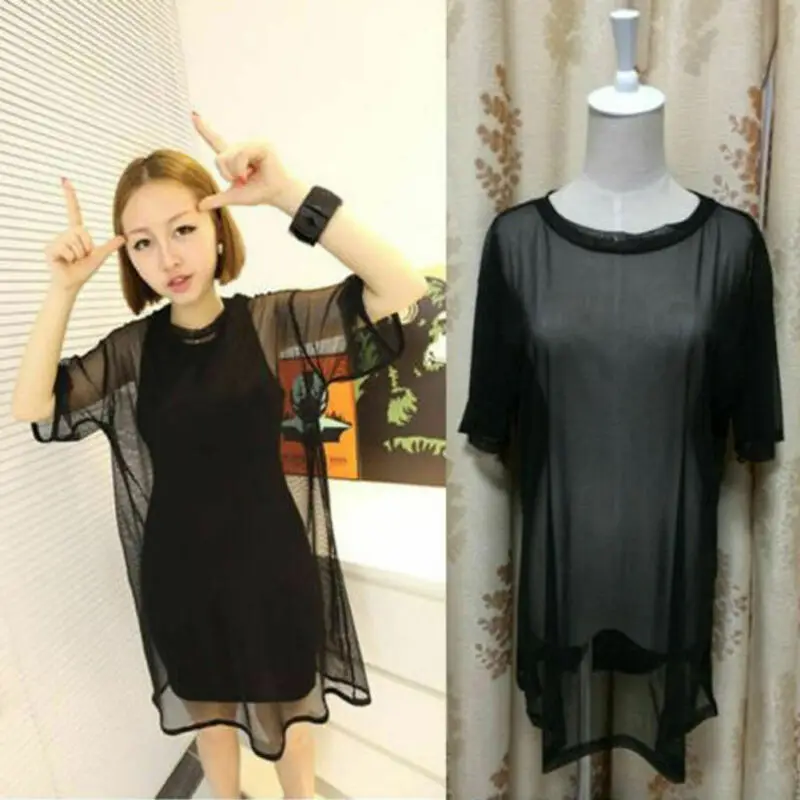 Женская Черная прозрачная Сетчатая футболка с коротким рукавом и круглым