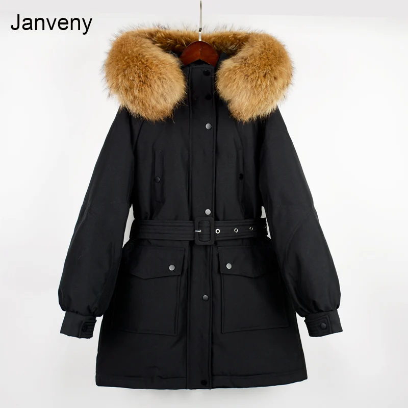 Janveny Large Natural Raccoon Fur Hooded Winter Down Jacket Women 90% White Duck down Coat Thick Female Sash Tie Up Parkas