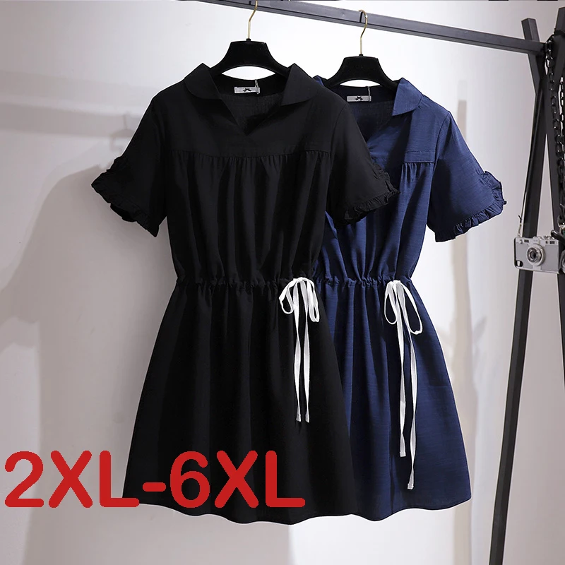 

Plus Size 6XL Summer Women Dress Vintage Long Style Solid Ladies Tops Casual Short Sleeve V-Neck Draw String Dresses