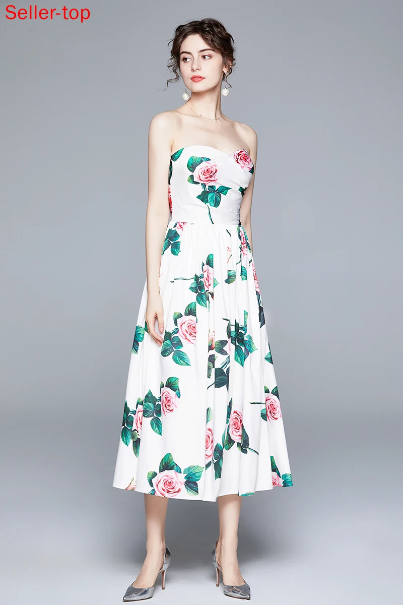 

Rose Print Design Off-shoulder Tube Top Dress Pleated Temperament Dress Long Dress with Chest Pad Elegant Vestido