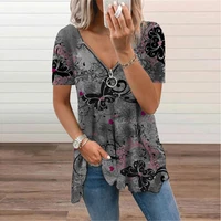 zipper ladies t shirt oversized print short sleeve v neck top tee 2021 summer new womens clothing casual loose pullover tunic